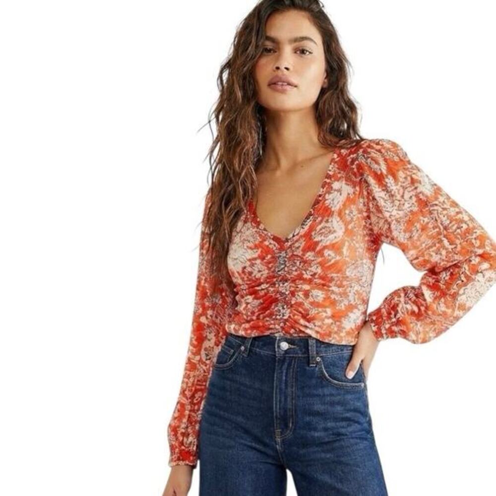 Free‎ People Say The Word Top Womens XS Red Floral Ruched Balloon Sleeve Peasant